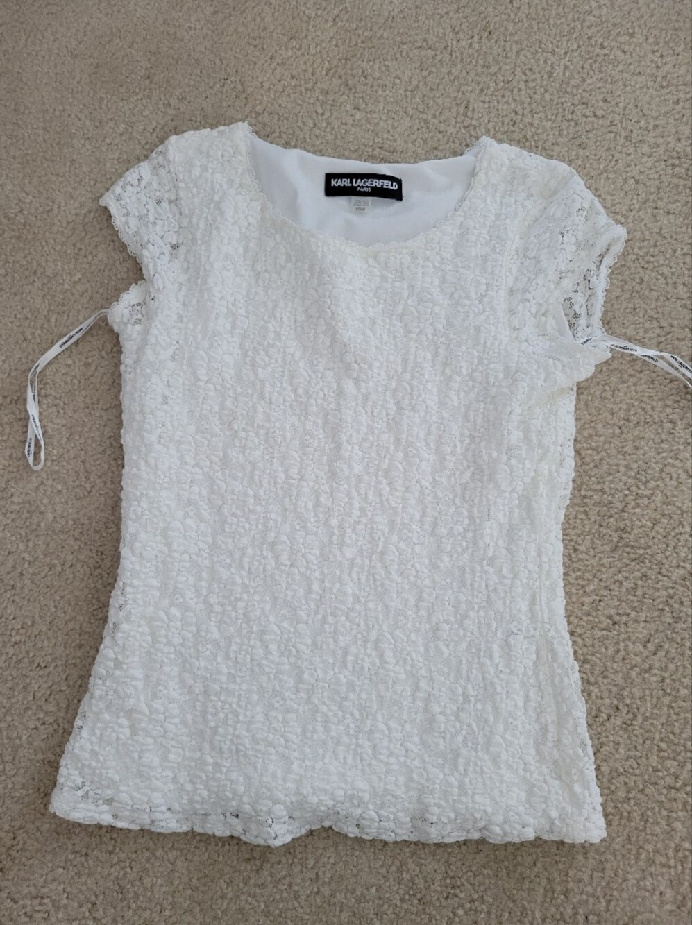 Karl Lagerfeld Paris All Over Lace Knit Top Short Cap Sleeve Ivory White Small
